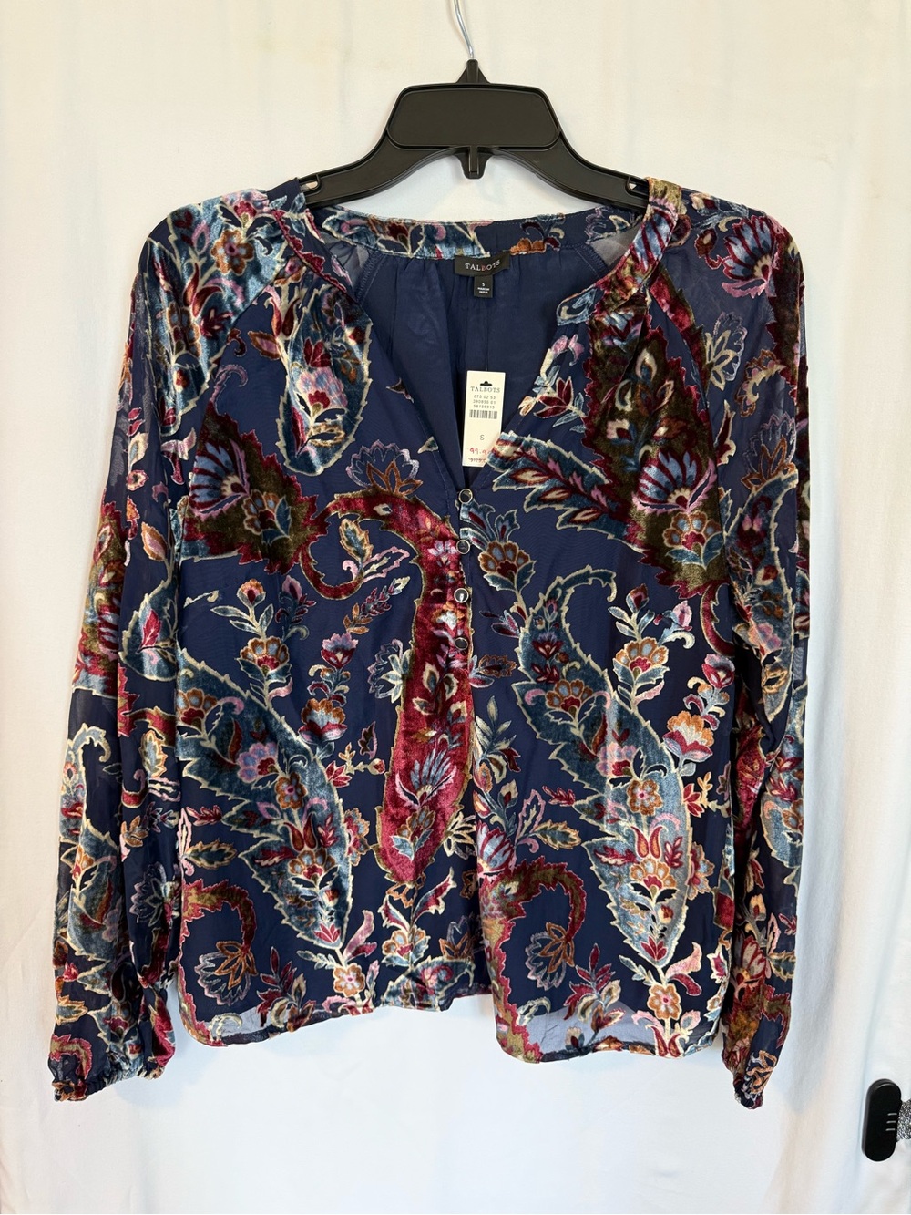 Talbots Navy Floral Velvet-Print Long-Sleeve Blouse NWT
